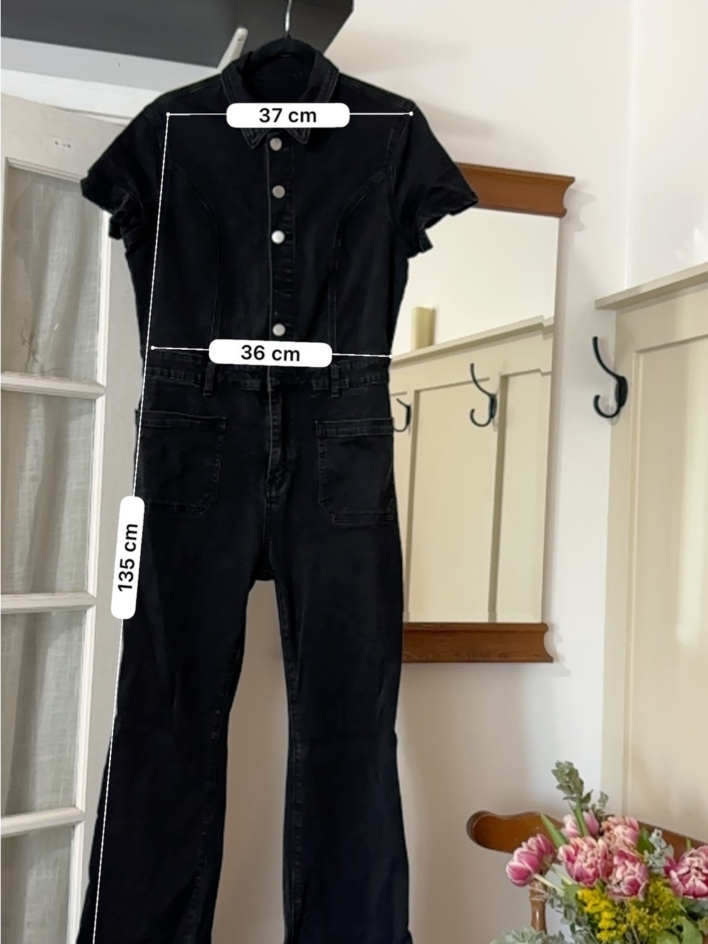 Black Short-Sleeve Denim Jumpsuit - Picture 7 of 8